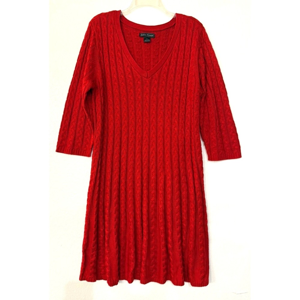 NWT Jessica Howard Size 2X Red Cable Knit A Line 3/4 Sleeve Sweater Dress‎